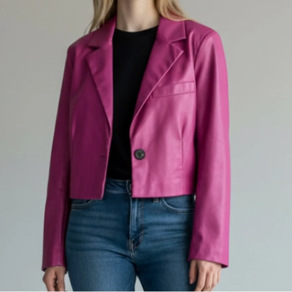 7 for All Mankind Pink Vegan Leather Cropped Moto Jacket